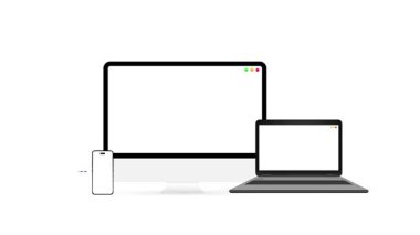 Birden fazla aygıt ve kullanıcı konsepti arasında ağ oluşturma yolu ile bilgisayar, laptop ve mobil 4k animasyon gösterilir. Teknoloji, fütüristik, veri paylaşımı, transfer, güvenli bağlantı