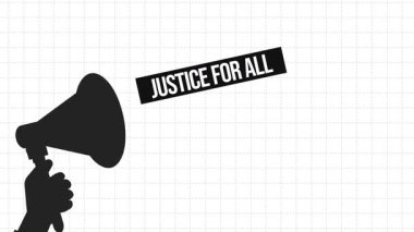 Beyaz arka plandaki megafondan çıkan tüm tiporofoni için adalet, 4k animasyon. Adalet, talep, protesto konsepti