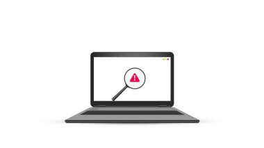 Ransomeware Attack dizüstü bilgisayar ekranına yakın büyüteçle saldırıyor ve etrafında endişe verici şekiller süzülüyor, 4k animasyon. Dümen, virüs, alarm.