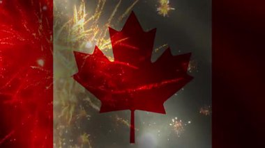 Kanada 'da Vatansever Günü kutlaması konsepti 4k animasyon, bayrak sallama ve havai fişeklerle. Kanada günü, arka plan