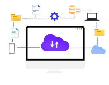 Bulut veri depolama ve yedek konsept bilgisayar etrafında renkli yüzen şekiller, modern, fütürist, teknoloji.