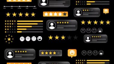 Siyah ekranda 5 yıldız derecelendirmesi ve yorumları gösteren 4k animasyon kaydırmalı tasarım