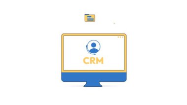 Kurumsal konsept 4k animasyon ile müşteri ilişkileri yönetimi ekranın etrafında dönen şekiller ile. Çalışan, iş, liderlik, büyüme