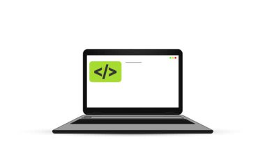 Kod düzenleyicisi olan bir dizüstü bilgisayarın 4K videosu, çeşitli programlama dillerinin animasyon simgeleri, yazılım geliştirme ve web tasarımı ile çevrilidir.