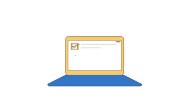 Dijital görev yönetimini, çevrimiçi anketleri ve başarılı proje tamamlanmasını temsil eden bir dizüstü bilgisayardaki kontrol listesi. 4k animasyon