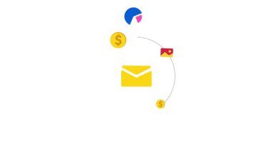 Çevresinde çoklu yüzen bilgi içeren e-posta pazarlaması, 4k animasyon. Hedefler, hedef, kullanıcı, konum.