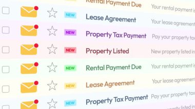 Emlak ve Emlak e-postaları ekranda 4K animasyonuna kayıyor, kapatın. Kira sözleşmesi, emlak vergisi, kira ödemesi.