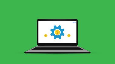 Bilgisayar 4k animasyon ekranında çalışan vitesli varlık yönetimi, anahtarlama için yeşil ekran. Dönen dişliler, kişi, kullanıcı, büyüme, iş, ayar