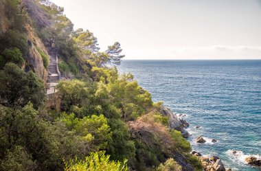 Deniz kıyısındaki bir uçurumun yamacındaki antik taş merdiven. Fotoğraf.