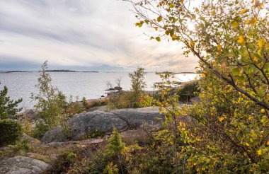 Kayalık deniz kıyısı ve adalar. Yumuşak kayalıklar denize iner. Fotoğraf.