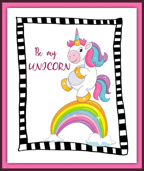 Be my unicorn card in scrapbook style. Unicorn and rainbow. Hand drawn lettering text. Magical Valentine\'s Day theme