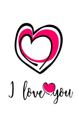 Valentine's Day greeting card. Hand drawn trendy cartoon heart, love lettering. Minimalist style. Simple design. 