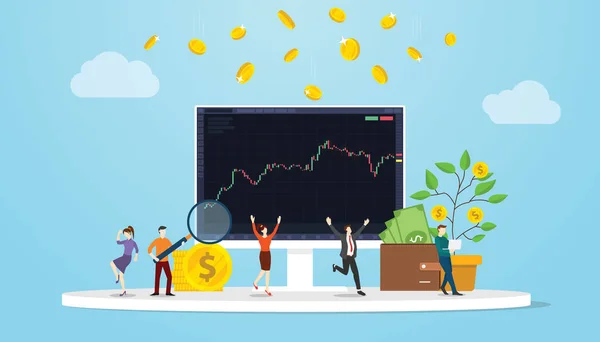 Aandelenmarkt Concept Met Mensen Man Vrouw Gelukkig Kandelaar Monitor Scherm — Stockvector