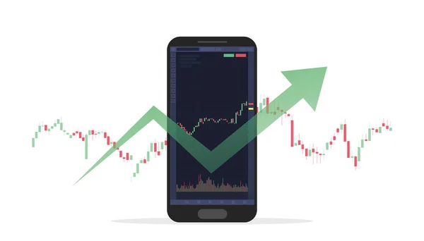 現代的なフラットスタイルのベクトル図と燭台とグラフライブ指標とモバイル株式市場の取引 — ストックベクタ
