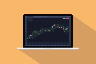 Bollinger bant teknik analiz göstergesi kavramı dizüstü bilgisayarda modern düz stili şamdanla ve uzun gölgesel vektör illüstrasyonuyla