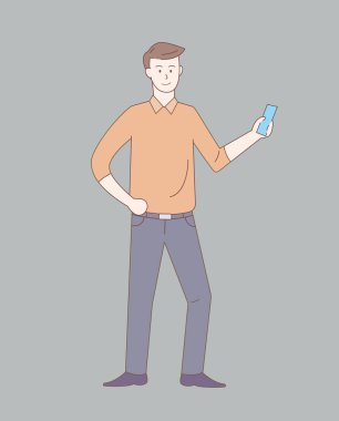 Adam ayakta duruyor ve akıllı telefonu ana hatlarıyla ya da çizgileriyle tutuyor ve basit biçim çizimlerini temizliyor