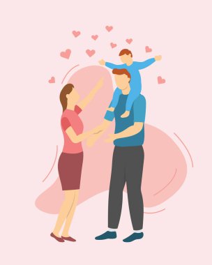 Ebeveyn, bebeğiyle oynamaktan mutlu. Ya da bebekle ayakta duran, aşkla duran. Modern düz stil vektör illüstrasyonuyla gezen.