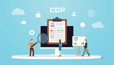 Cdp müşteri veri platformu konsepti ile insanlar veriyi simge ve bilgisayar ile modern düz biçim vektör illüstrasyonu ile analiz ederler