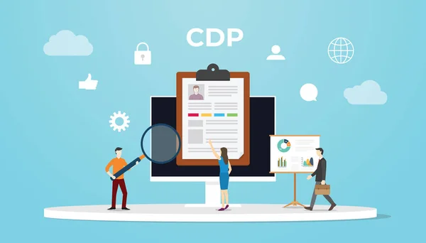 Cdp Conceito Plataforma Dados Cliente Com Pessoas Analisam Dados Com — Vetor de Stock