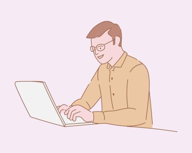 Gözlüklü bir iş adamı taslak ya da çizgi ile dizüstü bilgisayarla çalışıyor ve basit biçim illüstrasyonunu temizliyor