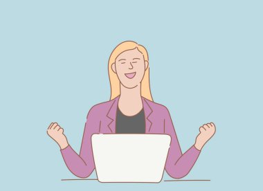 success woman happy excited front laptop with outline or line and clean simple people style vector illustration