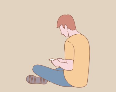 man sit down on floor view from behind side chek mobile phone with outline or line and clean simple people style vector illustration