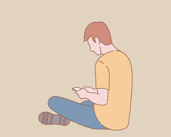 Чоловік Сидить Підлозі Ззаду Щоки Мобільний Телефон Контуром Або Лінією — стоковий вектор