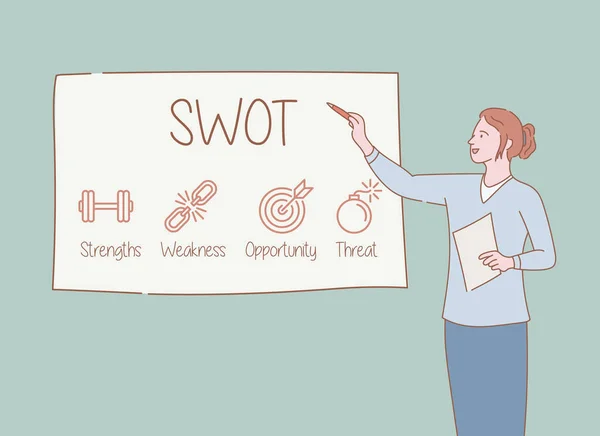 Woman Teaching Swot Marketing Analysis Strategy Whiteboard Outline Line Clean — Vetor de Stock