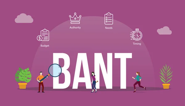 带有大字文字的Bant销售团队框架概念和带有相关图标向量的人员 — 图库矢量图片