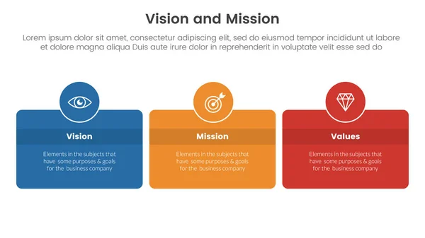 stock vector business vision mission and values analysis tool framework infographic with box and circle badge horizontal 3 point stages concept for slide presentation vector