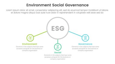 esg çevresel sosyal ve yönetim bilgisi merkezi daire ve slayt sunum vektörü için ilgili simge konsepti ile 3 nokta sahne şablonu