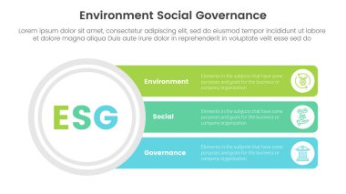 slayt sunum vektörü için esg çevresel sosyal ve yönetim bilgisel 3 nokta sahne şablonu büyük daire ve uzun metin kutusu bağlantı kavramı