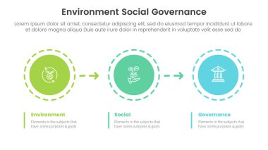 slayt sunum vektörü için daire ve ok yönlü üç nokta sahne şablonu ile esg çevresel sosyal ve yönetim bilgileri