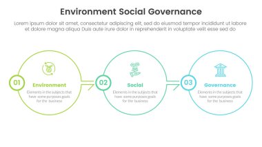 esg çevresel sosyal ve yönetim bilgileri 3 nokta sahne şablonu slayt sunum vektörü için doğru ana hat konsepti ile