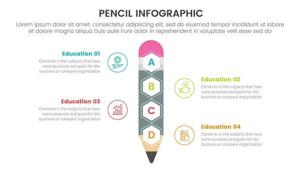 Infographie Éducation Crayon Modèle Étape Points Avec Grand Crayon Debout — Image vectorielle