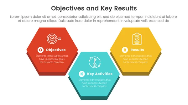 stock vector okr objectives and key results infographic 3 point stage template with big honeycomb shape concept for slide presentation vector