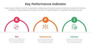 kpi anahtar performans göstergesi infografik 3 nokta sahne şablonu ve slayt sunum vektörü için rozeti olan yarım daire şekil ana hatları