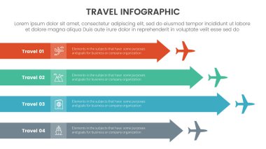 Slayt sunum vektörü için dikdörtgen ok üzerinde uçak akışı olan 4 nokta sahne şablonu ile seyahat bayramı bilgisiName