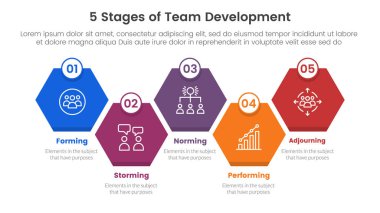 5 aşamalı takım geliştirme modeli çerçeve bilgisi 5 aşamalı sahne şablonu, slayt sunum vektörü için yukarı ve aşağı elmas alagon bal peteği ile aşağı doğru yönde