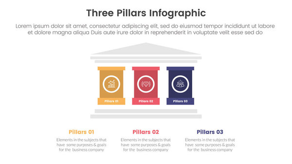 three pillars framework with ancient classic construction infographic 3 point stage template with strong pillar building on center for slide presentation vector