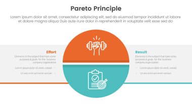 pareto ilkesi karşılaştırması ya da bilgi şablonu afişi için iki nokta listesi bilgi vektörü ile büyük daire bölünmüş ve kutu dikdörtgeni ile kavram karşı karşıya