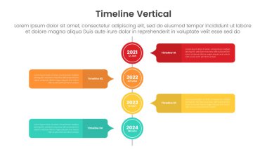 dikey zaman çizgisi bilgi aktarım şablonu afişi büyük daire ve slayt sunum vektörü için 4 nokta listesi bilgisi içeren yorum kutusu