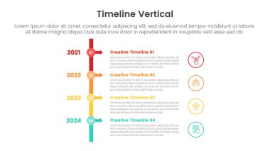 dikey zaman çizgisi, küçük daire çizgisi bağlantısı ve slayt sunum vektörü için 4 nokta listesi bilgisi olan ok ile bilgi şablonu afişi