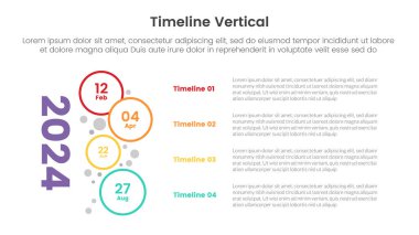 dikey zaman çizgisi bilgi aktarım şablonu afişi ana hatlı daire yığını ve slayt vektörü için 4 nokta listesi bilgisi ile büyük yıllar