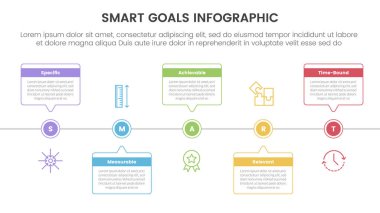 SMART amaçları, slayt sunum vektörü için 5 adım noktasıyla ana kutu zaman çizgisi yatay ve aşağı çizgili çerçeve bilgisini ayarlar