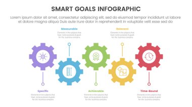 SMART hedefleri, slayt sunum vektörü için 5 adım noktasıyla dişli şekil çizgisi ile çerçeve bilgilerini ayarlamak