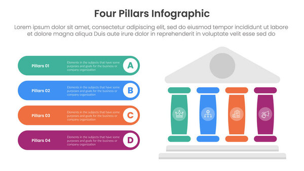Four pillars framework with ancient classic construction infographic with 4 point stage template with right pillars and round rectangle description box for slide presentation vector