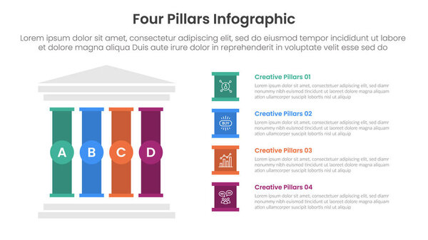 Four pillars framework with ancient classic construction infographic with 4 point stage template with left column and creative box description for slide presentation vector