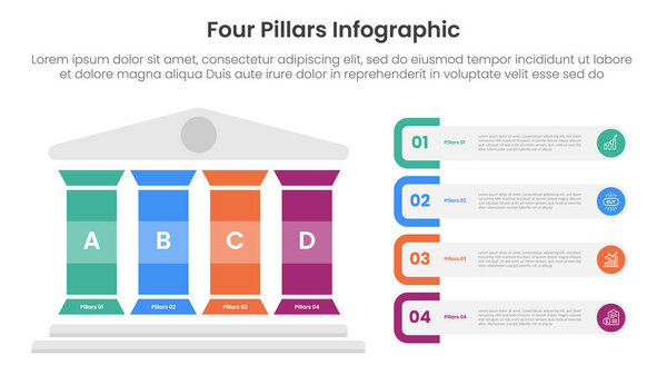 Four pillars framework with ancient classic construction infographic with 4 point stage template with colorfull pillar and rectangle round container for slide presentation vector