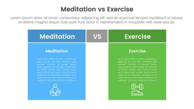 Meditasyon vs fiziksel egzersiz karşılaştırması veya iki nokta listesi bilgi vektörü bloklu tam renk arkaplan bloklu bilgi şablonu afişi için kavram karşıtlığı